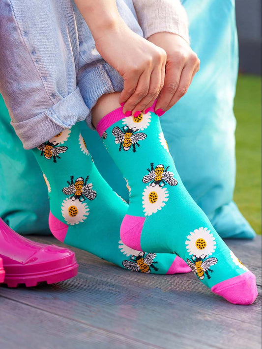 floral-bee-print-bamboo-socks-in-blue-and-pink
