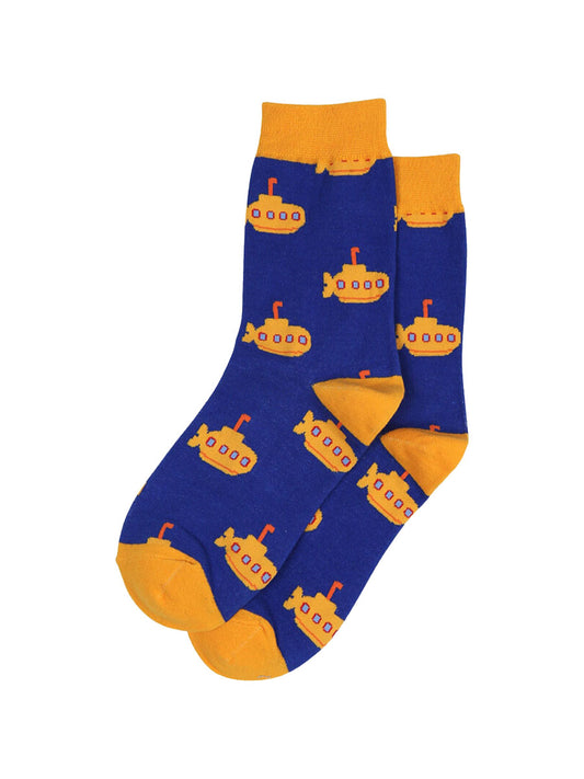 blue bamboo socks with a pattern of yellow submarines and yellow toe, heel and trim