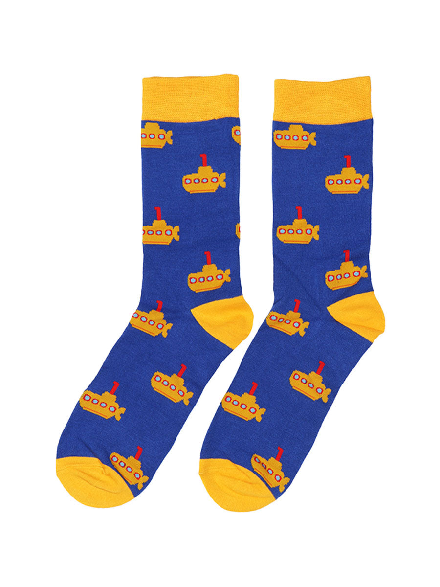 blue bamboo socks with a pattern of yellow submarines and yellow toe, heel and trim