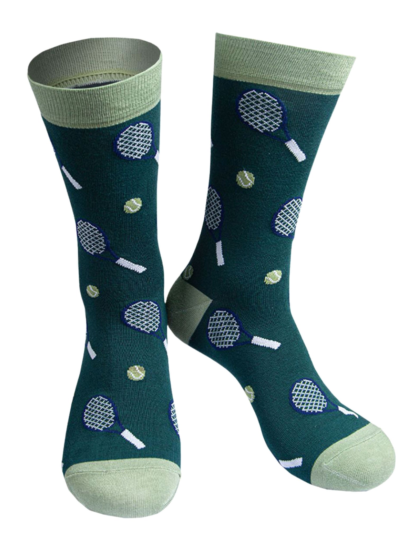 green bamboo dress socks with a pattern of tennis racquets and tennis balls