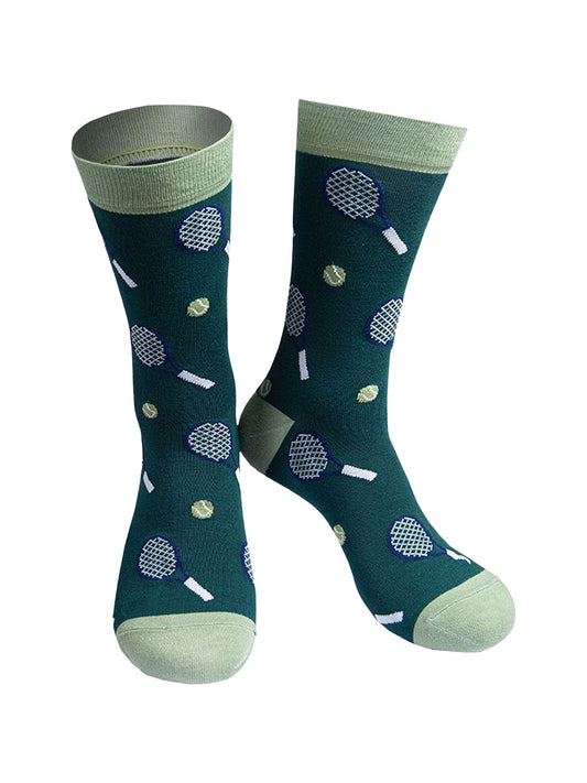 green bamboo dress socks with a pattern of tennis racquets and tennis balls