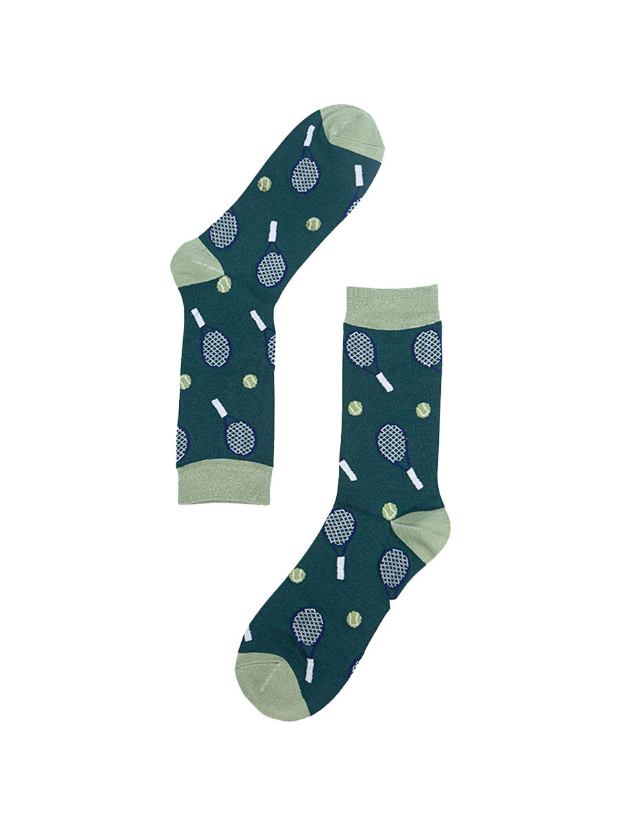 showing the tennis socks with all over pattern of tennis racquets
