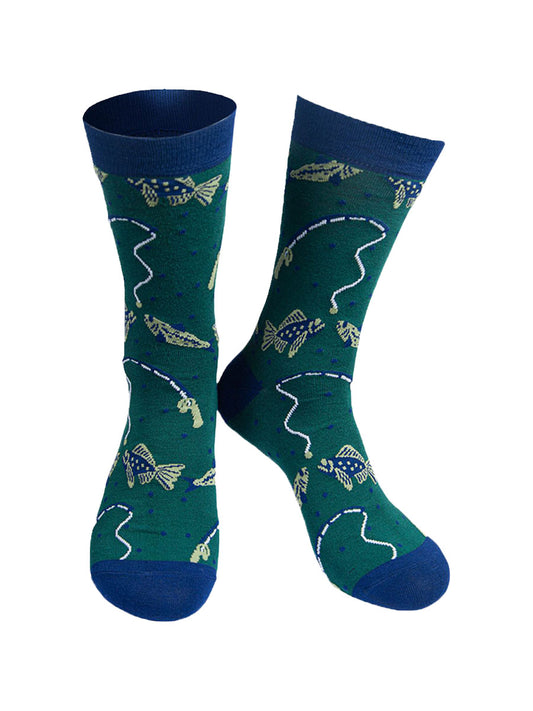 green bamboo socks with fish and a fishing line