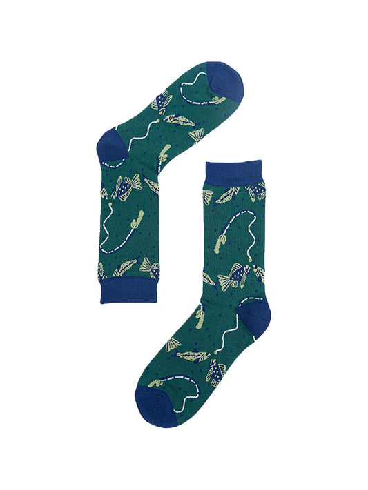 green, blue dress socks with fish and a fishing line