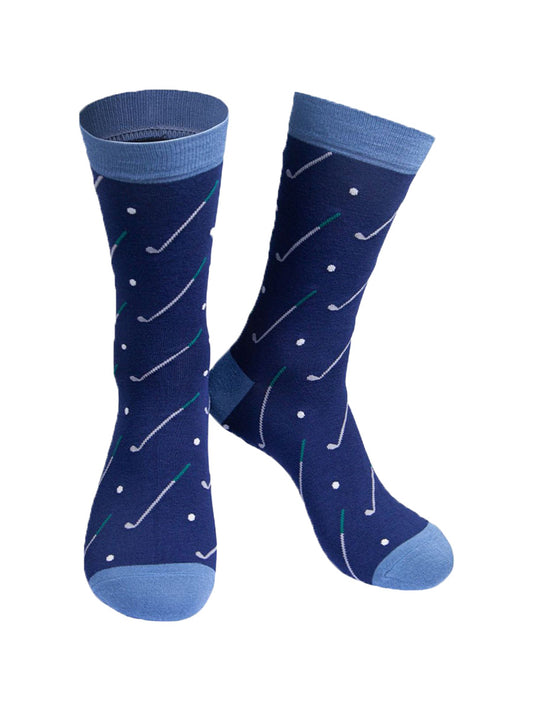 navy blue dress socks with an all over pattern of golf balls and clubs