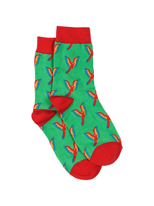 green socks with a red heel, toe and cuff with an all over pattern of red parrots