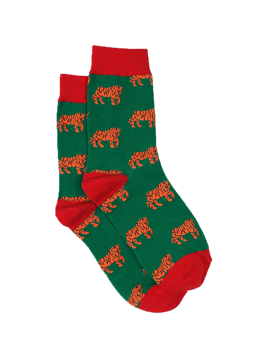 green and red dress socks with orange tigers all over