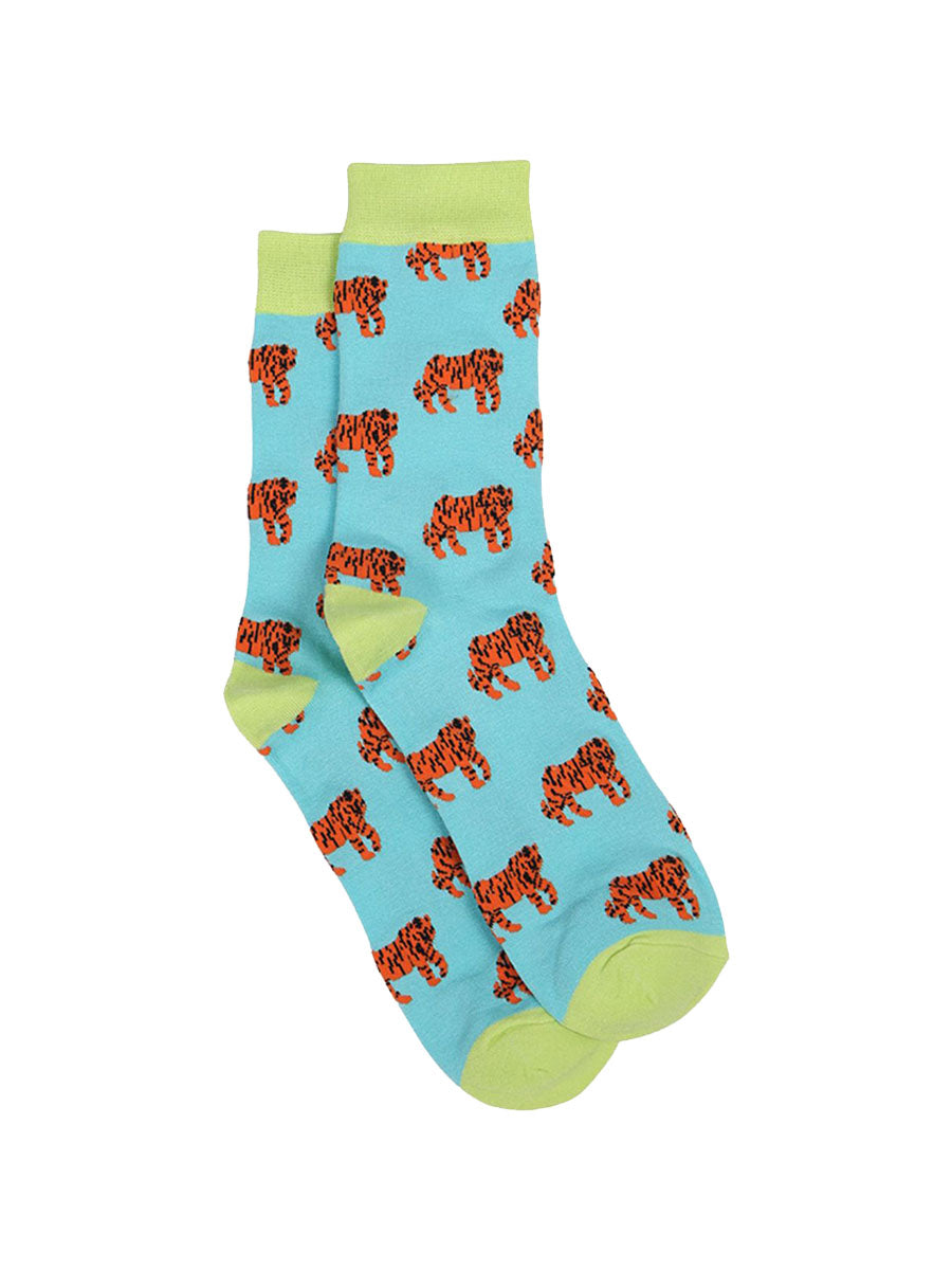 turquoise and green dress socks with tigers all over