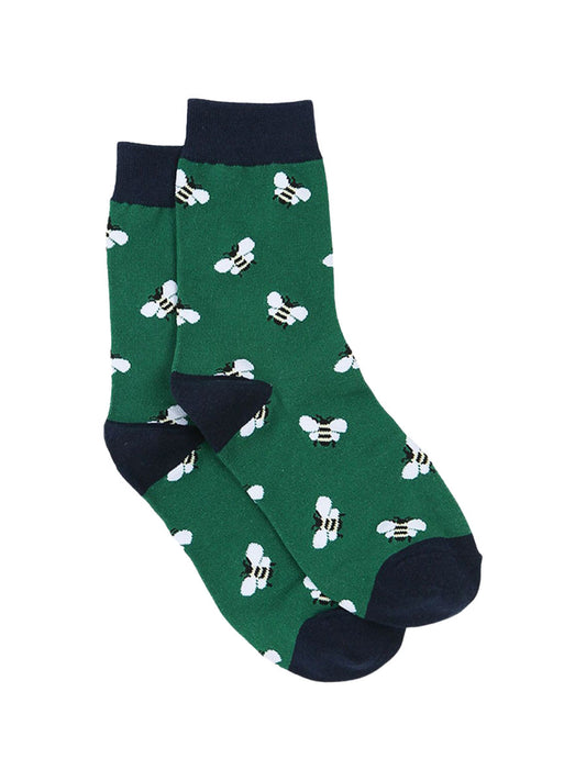 green ankle socks with an all over white bee pattern