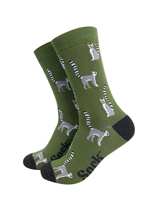 mens-bamboo-socks-dark-green-black-lemur-animals
