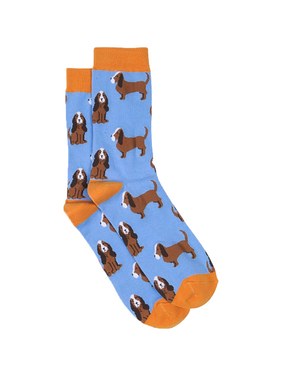 blue, yellow bamboo socks with beagle dogs all over