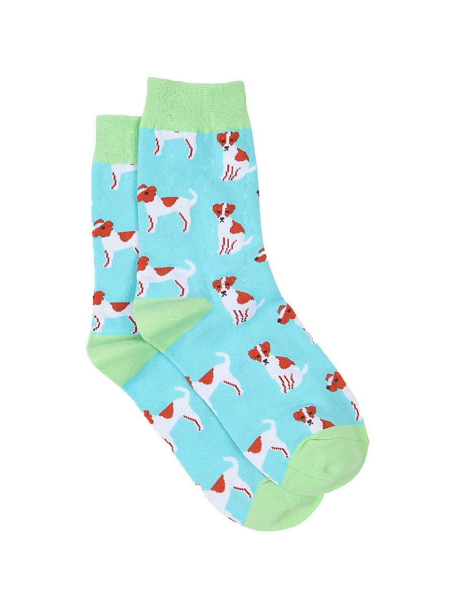 blue and green dress socks with jack russell dogs all over