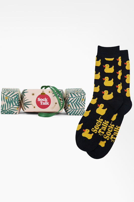 Men's Bamboo Crew Socks Christmas Cracker Gift Box - Black/Yellow, Rubber Ducks