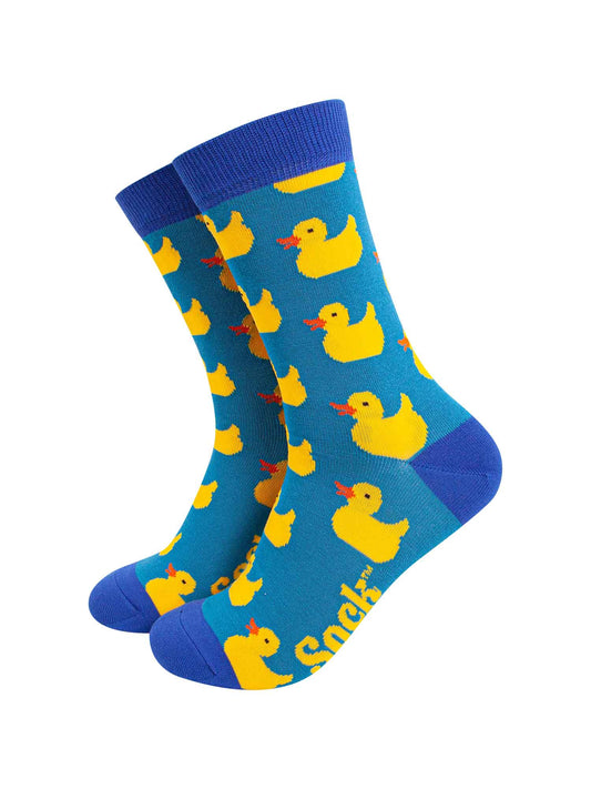 turquoise blue bamboo socks with an all over pattern of yellow rubber ducks