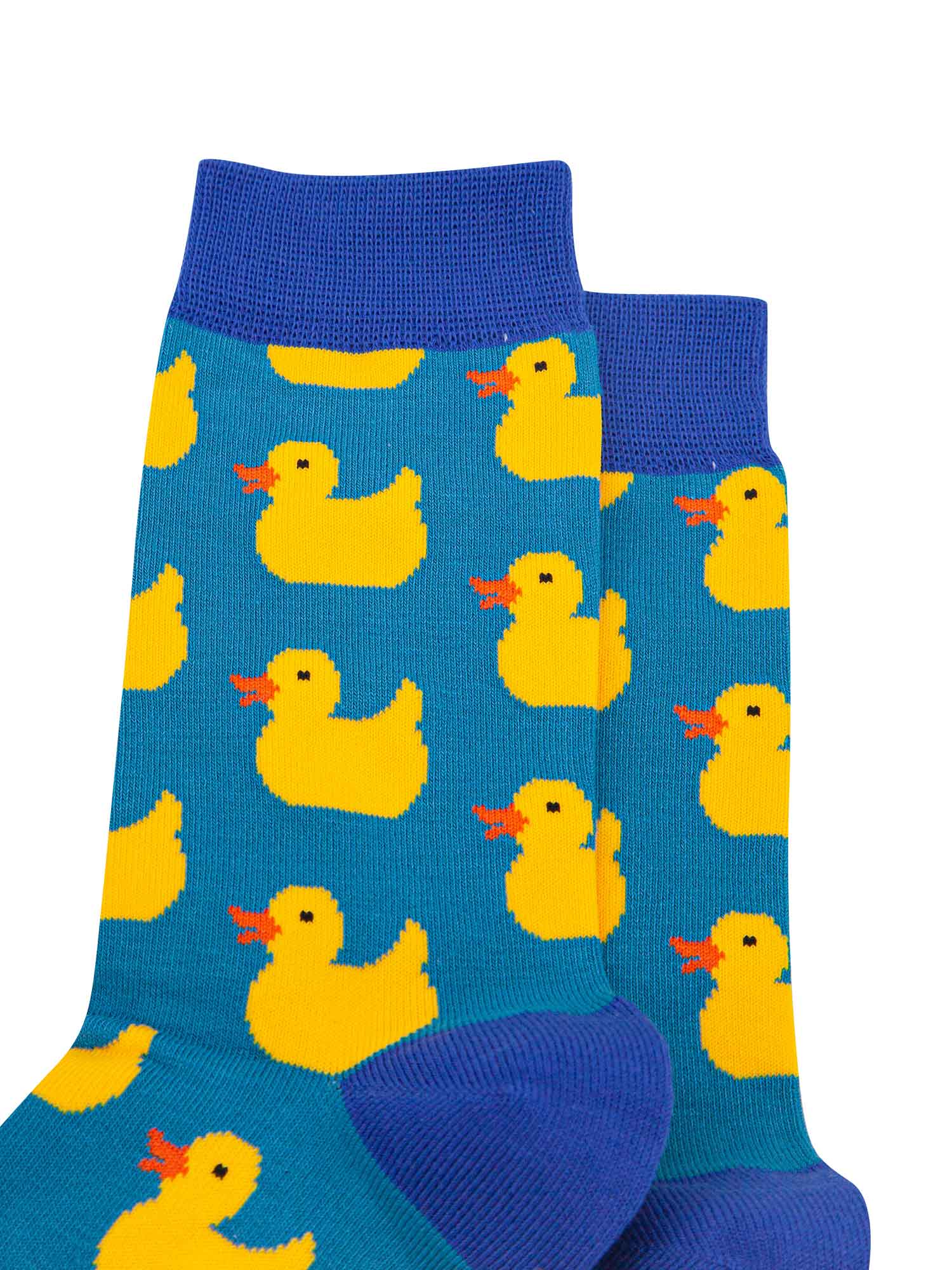 close up of the yellow rubber ducks on the mens novelty bamboo socks
