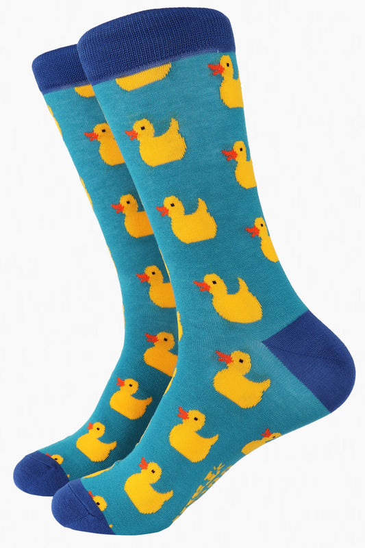 turquoise blue bamboo socks with an all over pattern of yellow rubber ducks