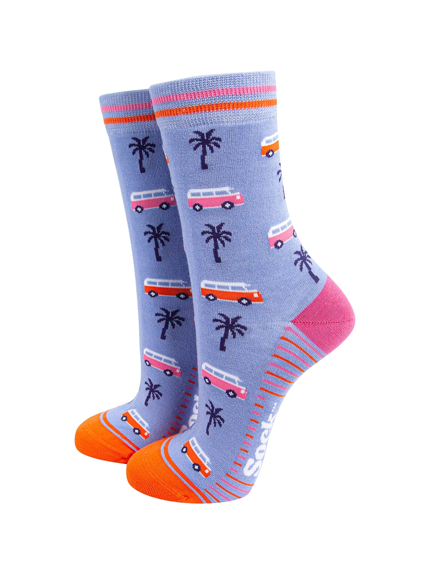 Campervans-Palm-Trees-Bamboo-Socks-in-Blue-On-Foot-Mannequin