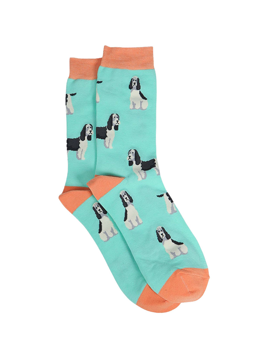 light green socks with an all over pattern of springer spaniel dogs
