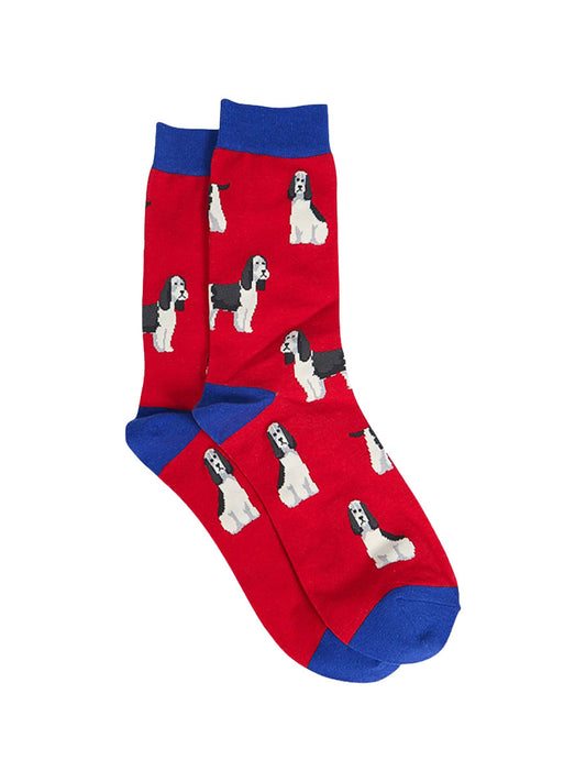 red socks with an all over pattern of springer spaniel dogs