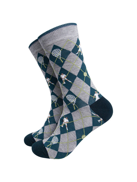 Tennis-Argyle-Men's-Bamboo-Socks-in-Grey-Marl/Green-On-Mannequin