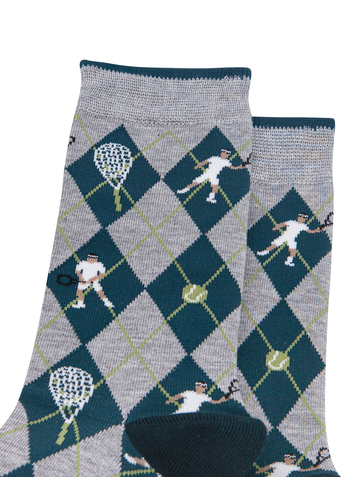 Tennis-Argyle-Men's-Bamboo-Socks-in-Grey-Marl/Green-Close-Up