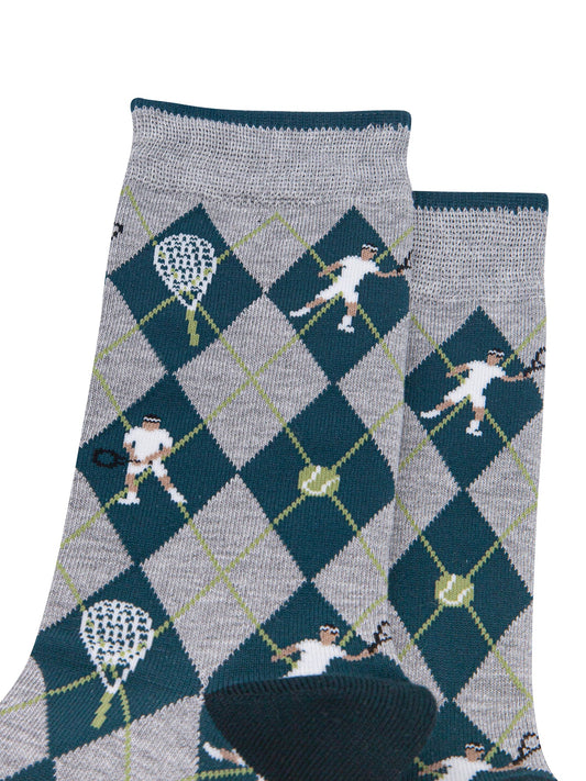 Tennis-Argyle-Men's-Bamboo-Socks-in-Grey-Marl/Green-Close-Up