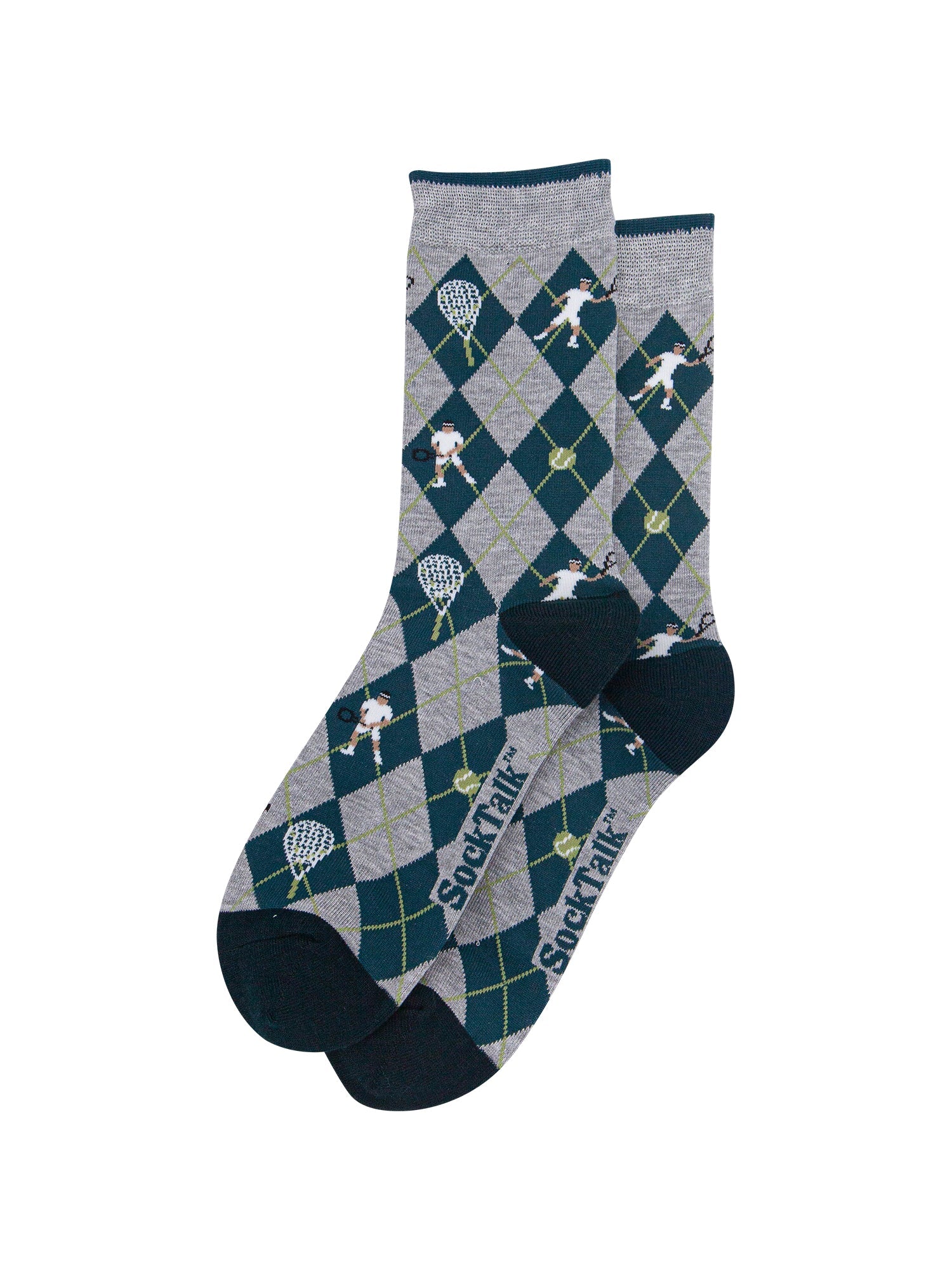 Tennis-Argyle-Men's-Bamboo-Socks-in-Grey-Marl/Green-Laid-Flat