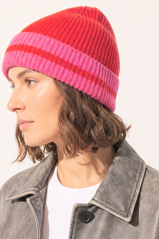 Striped-Beanie-Hat-in-Red/Hot-Pink