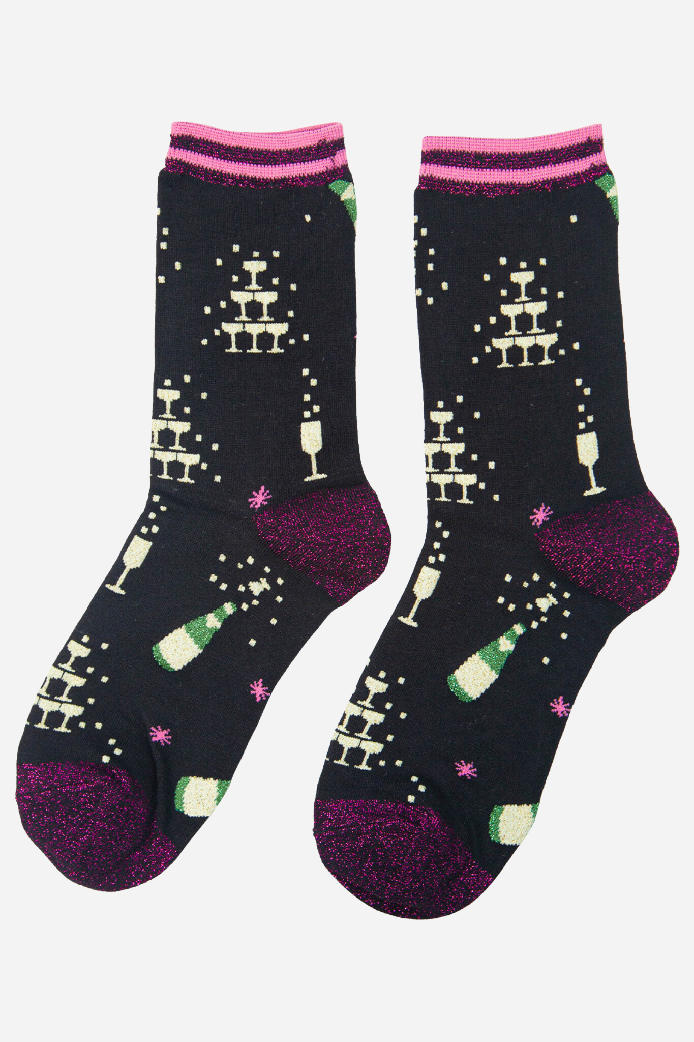 black and pink glitter bamboo socks with a pattern of champagne flutes and bottles