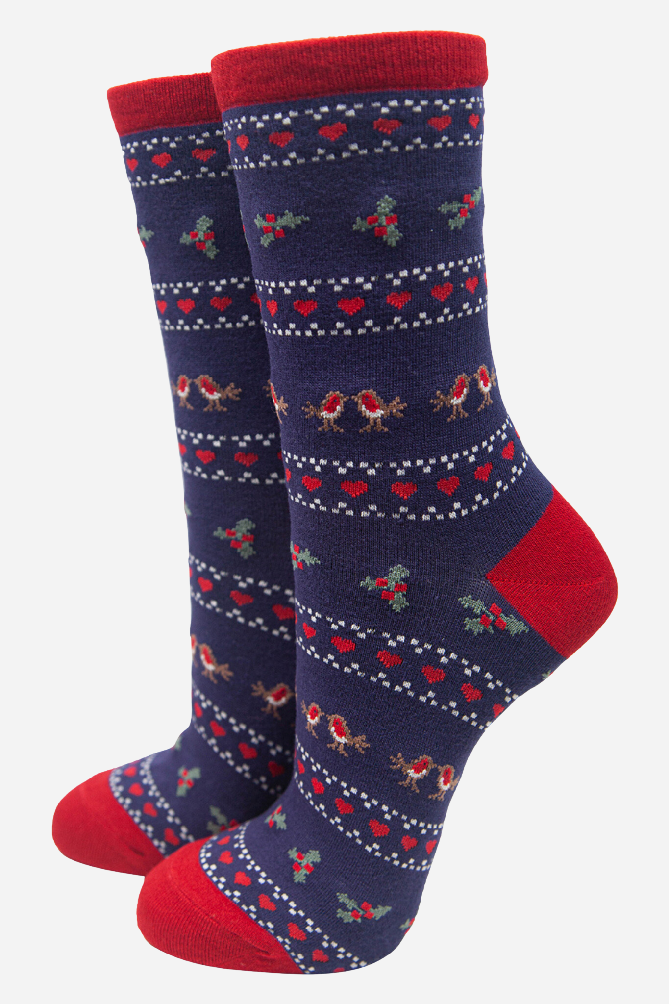 navy blue and red fair isle style bamboo socks with red robin birds, green holly and red love hearts