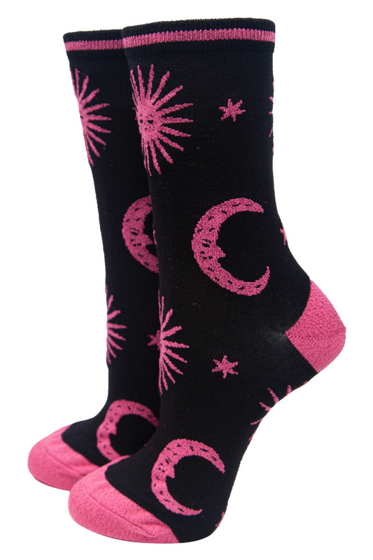 Women's Glitter Bamboo Socks Celestial Print Stars Moon Ankle Socks Pink