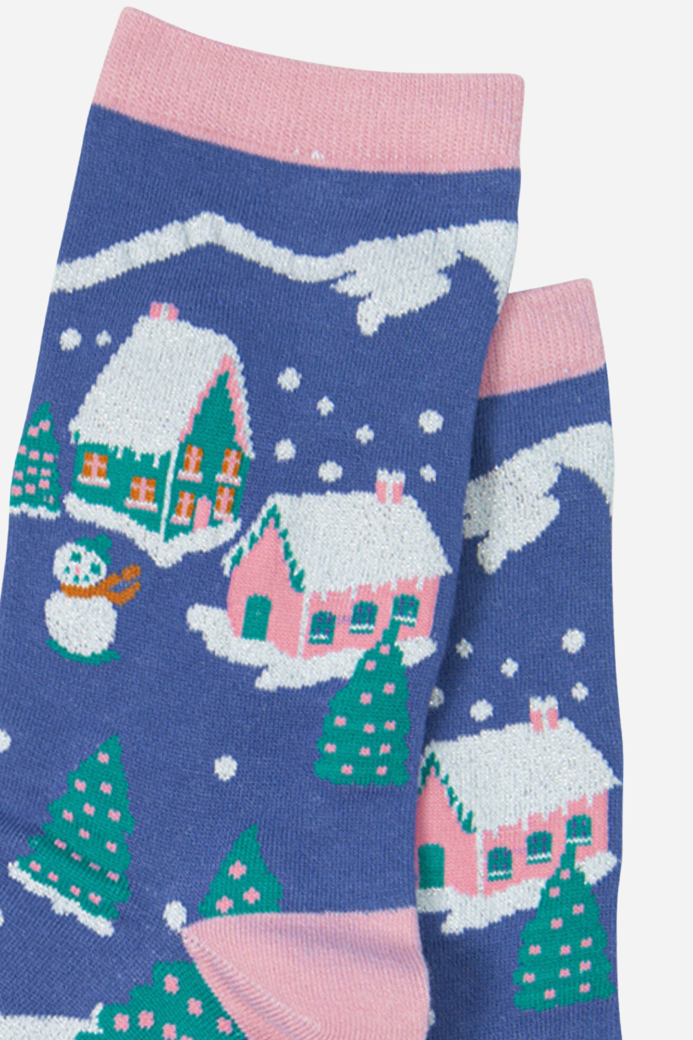 close up of the ski village scene on the bamboo socks