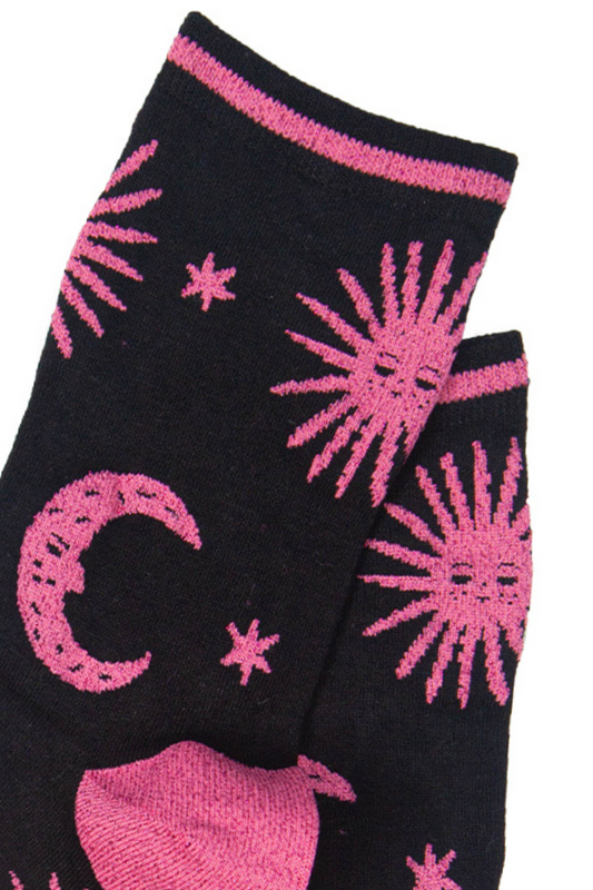 Star Moon Glitter Bamboo Socks in Pink