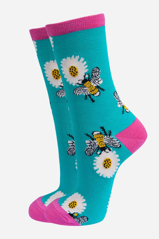 Bees Daisy Bamboo Socks in Turquoise