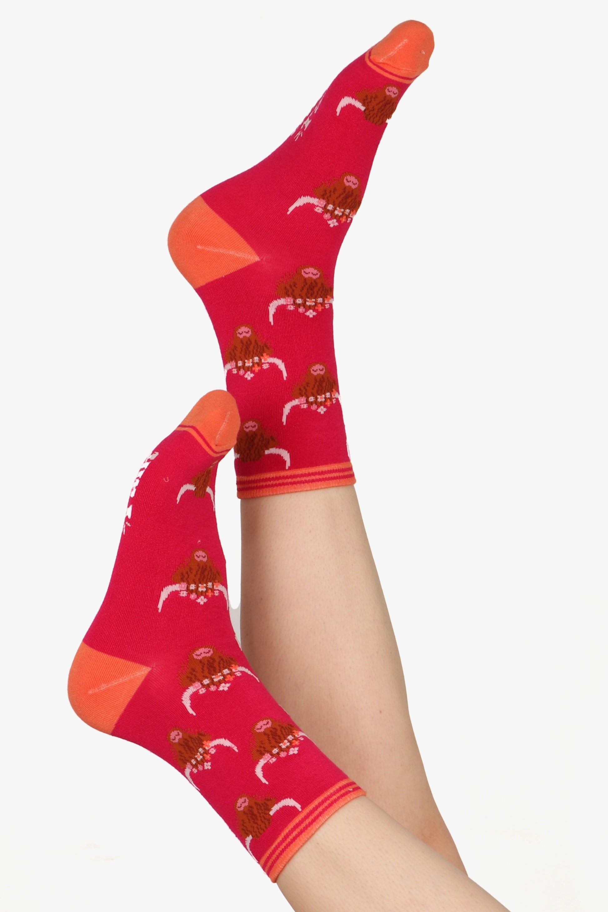 Ladies feet posed in the air wearing highland cow print bamboo socks. Constrating ornage tone toe and heel can be seen