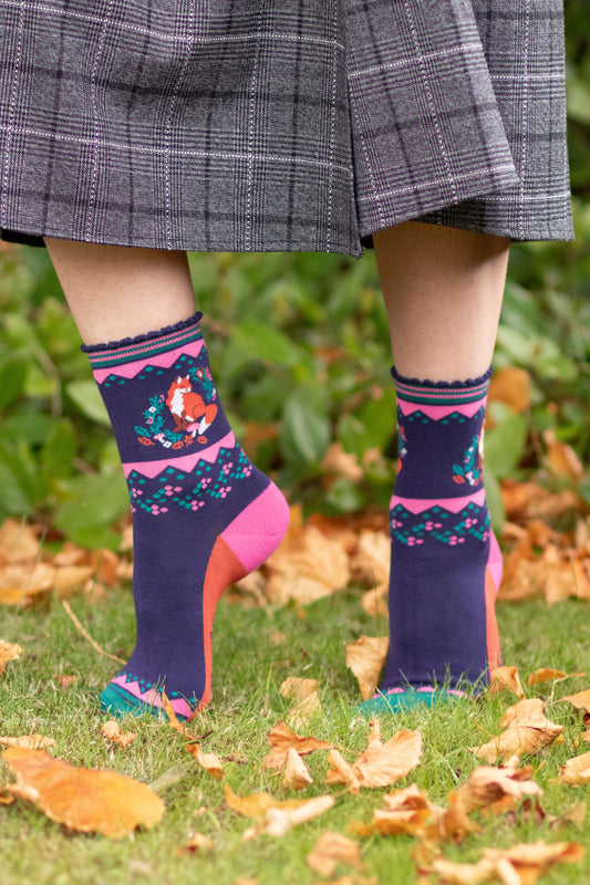 Women's Bamboo Socks - Navy Blue/Pink, Fox Wreath