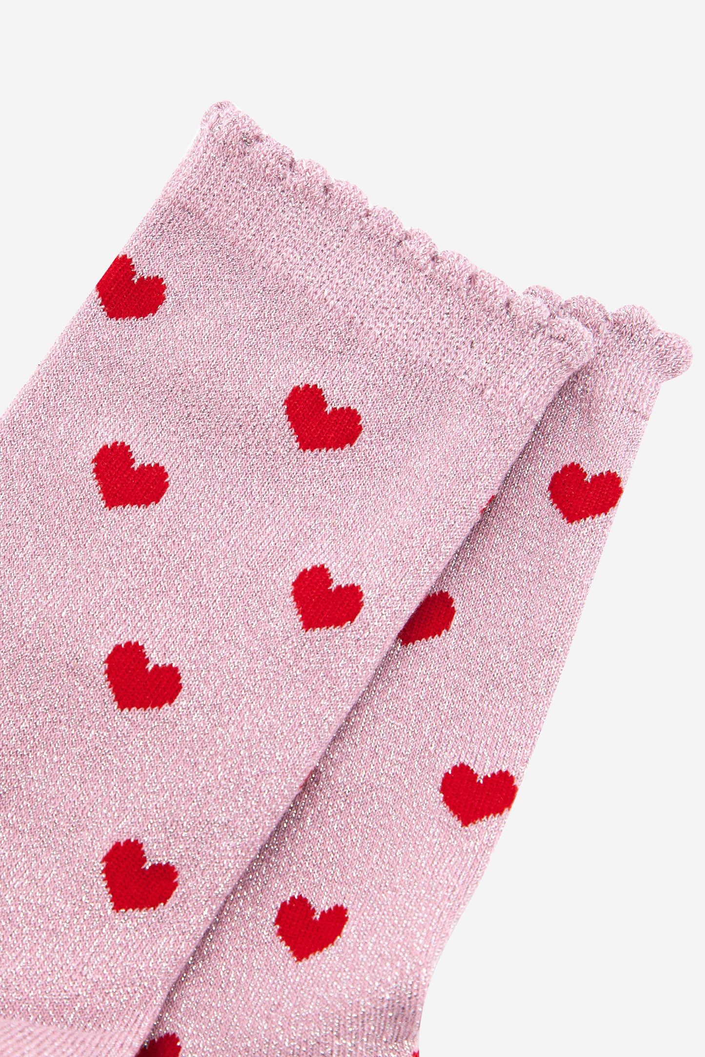 Womens Cotton Blend Glitter Socks with Scalloped Edge in a Heart Print