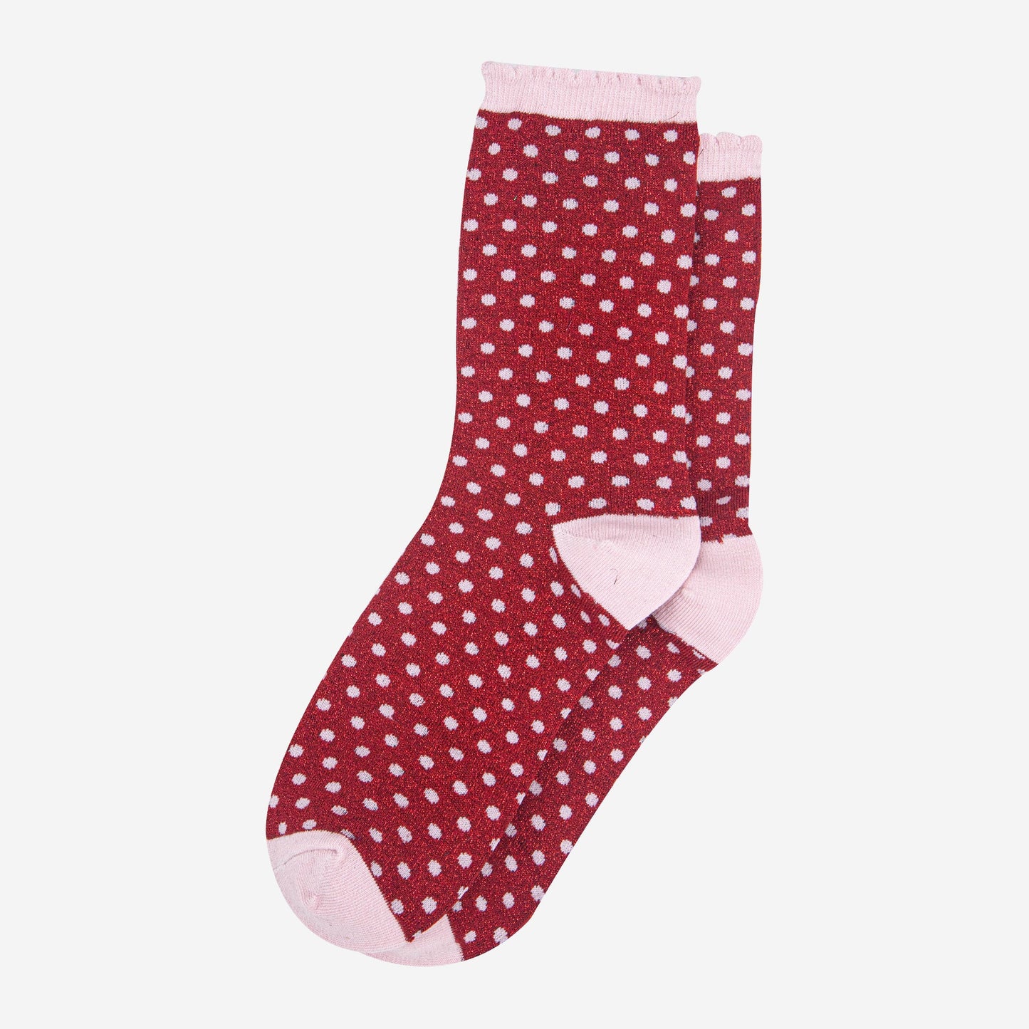 womens-red-pink-polka-dots-glitter-socks-laying-flat