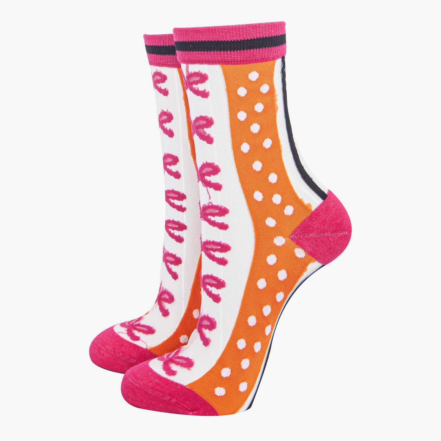 womens-sheer-ankle-socks-orange-hot-pink-stripe-bow-colourful