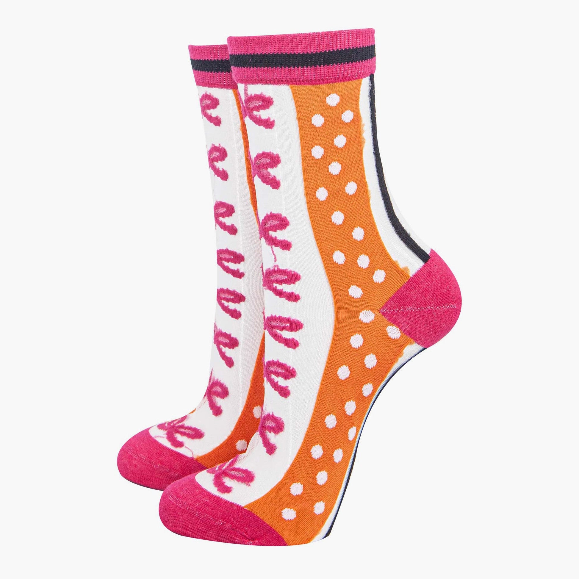 womens-sheer-ankle-socks-orange-hot-pink-stripe-bow-colourful