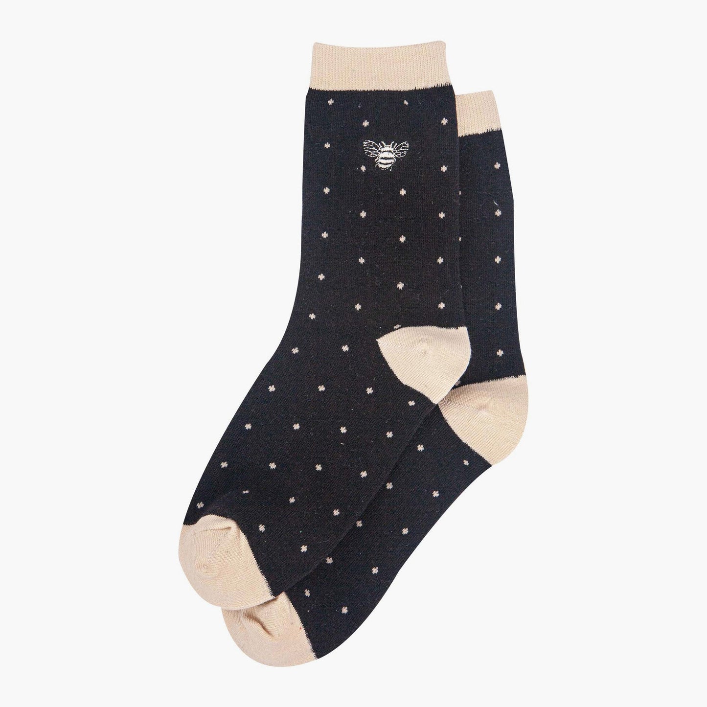 womens-embroidered-ankle-socks-black-polka-dot-bee-laying-flat
