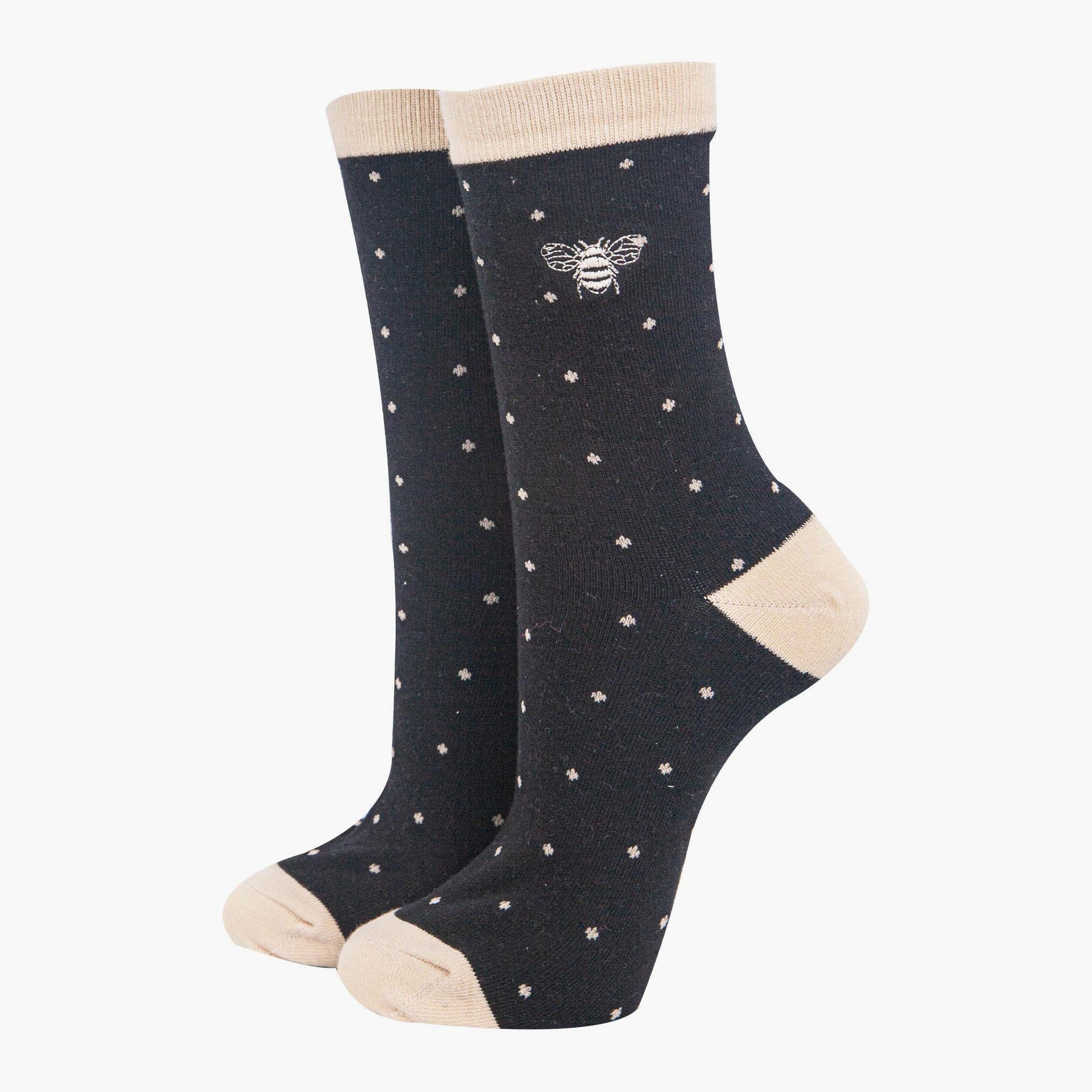womens-embroidered-ankle-socks-black-polka-dot-bee-cotton