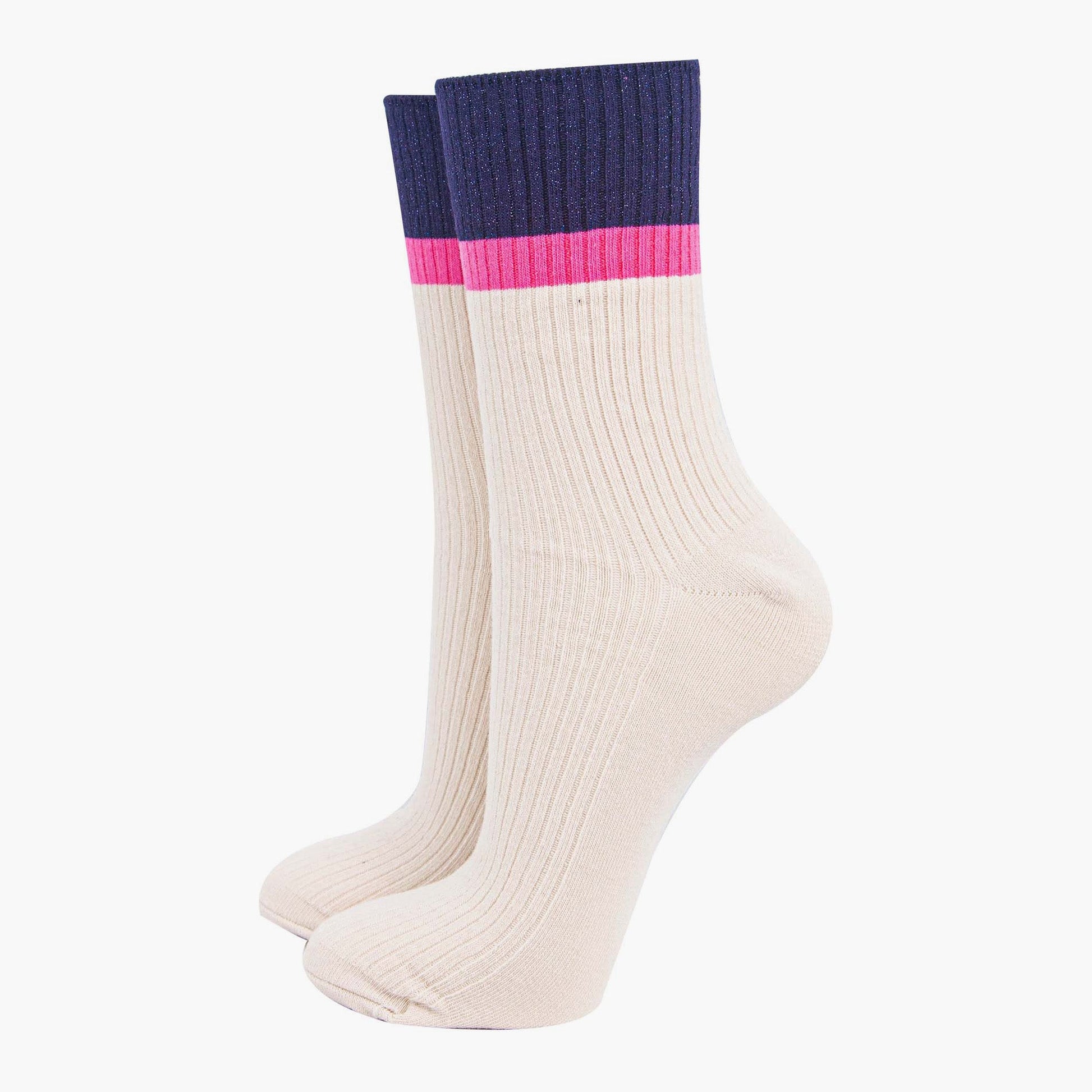 womens-mid-calf-socks-cream-navy-blue-contrast-cuff-thick-ribbed-cotton
