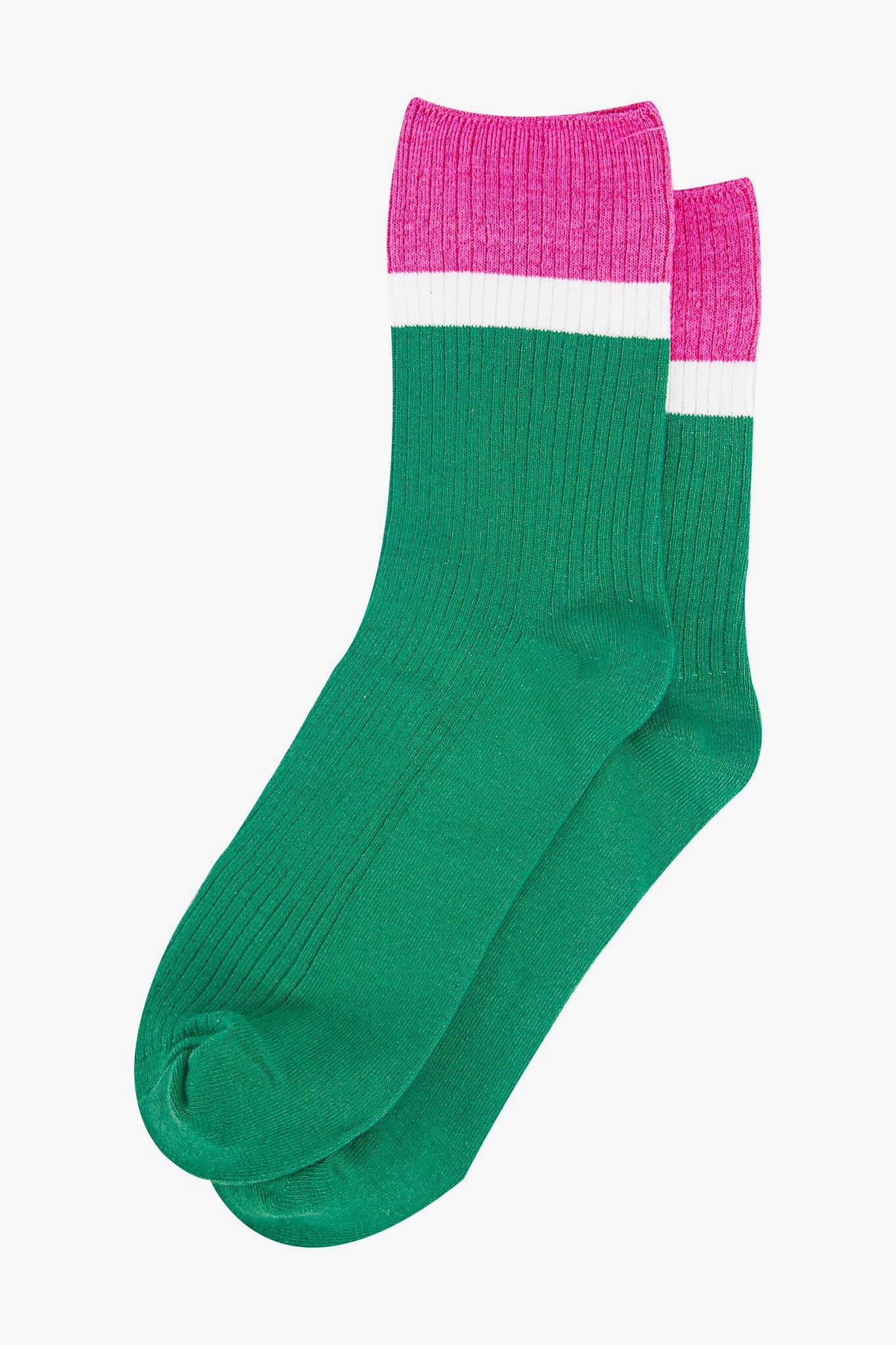 womens-mid-calf-socks-green-pink-contrast-cuff-laying-flat