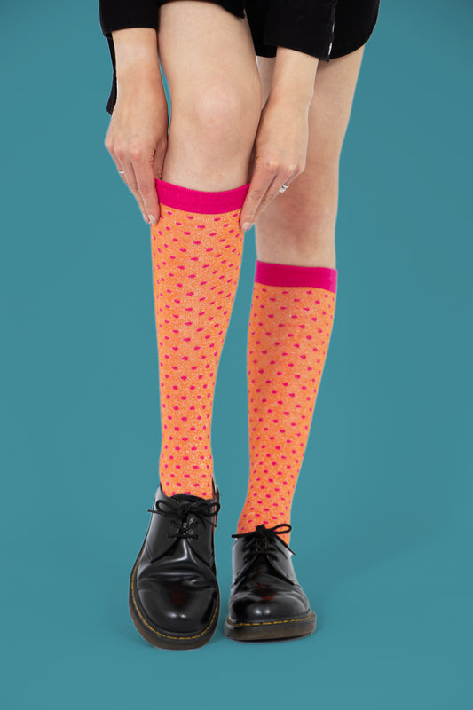 Women's Knee High Glitter Socks - Orange/Fuchsia, Small Polka Dot