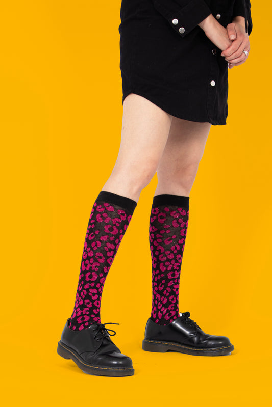 Women's Knee High Glitter Socks - Hot Pink, Leopard