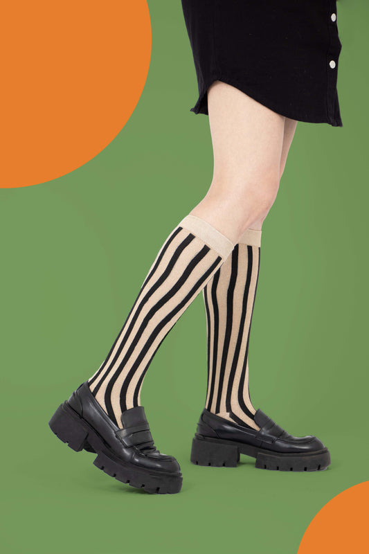 Women's Knee High Glitter Socks - Black/Gold, Vertical Stripe