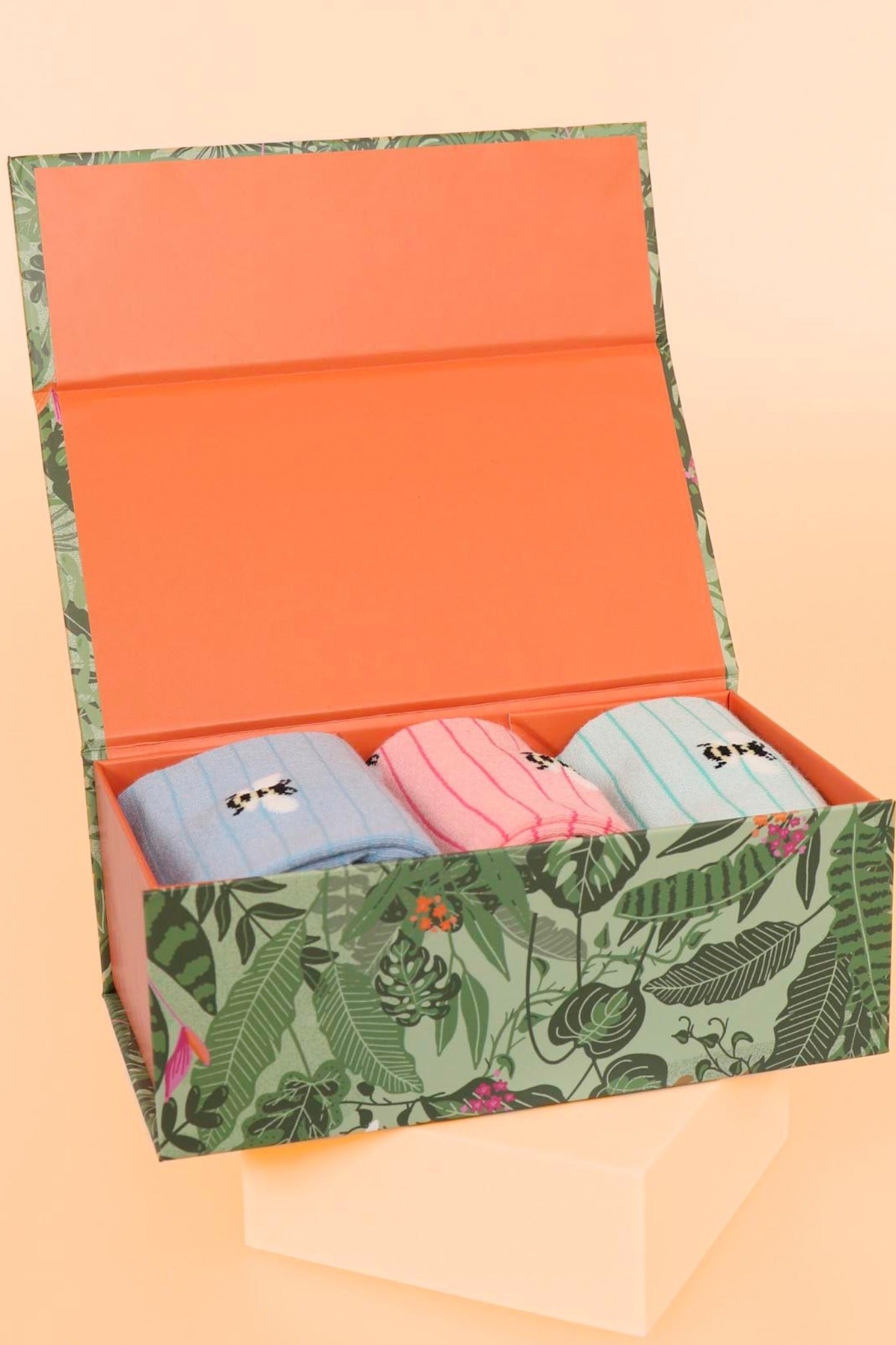 sock gift box with three pairs of striped bee socks