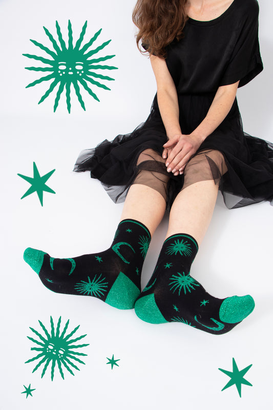 Women's Glitter Bamboo Socks Celestial Print Stars Moon Ankle Socks Green