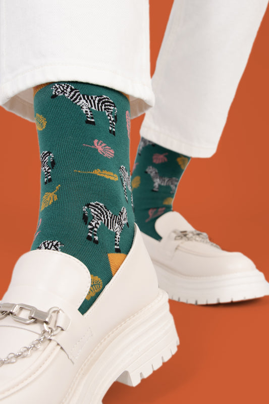 Women's Leaf and Zebra Print Bamboo Socks